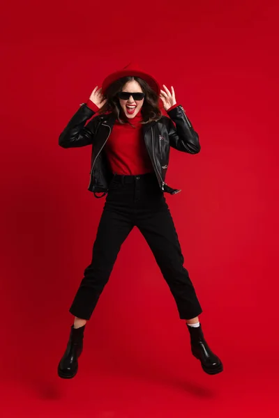 White Woman Leather Jacket Laughing While Dancing Camera Isolated Red — Φωτογραφία Αρχείου