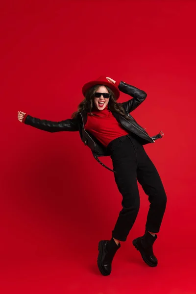 White Woman Leather Jacket Laughing While Dancing Camera Isolated Red — Foto Stock