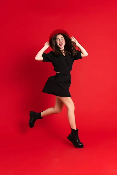 White Woman Wearing Dress Laughing While Dancing Camera Isolated Red — Foto de Stock