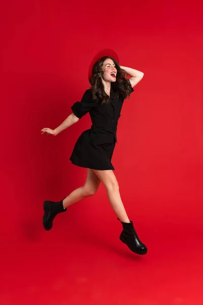 White Woman Wearing Dress Laughing While Dancing Camera Isolated Red — ストック写真
