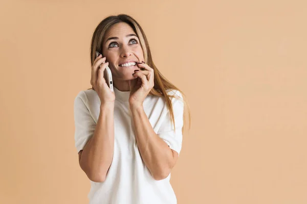 White Mid Woman Smiling While Talking Cellphone Isolated Beige Background —  Fotos de Stock