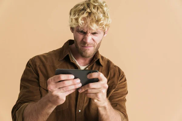 White Blonde Man Wearing Shirt Playing Online Game Cellphone Isolated —  Fotos de Stock