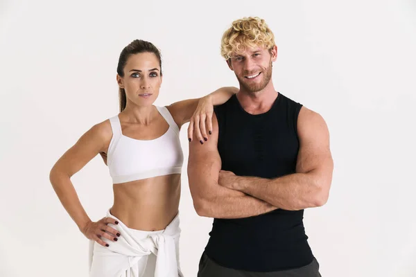 European Couple Sportswear Looking Smiling Camera Isolated White Background — Stock Photo, Image