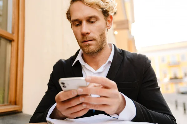 Blonde Bristle Man Using Mobile Phone While Sitting Cafe Outdoors — Stock Fotó
