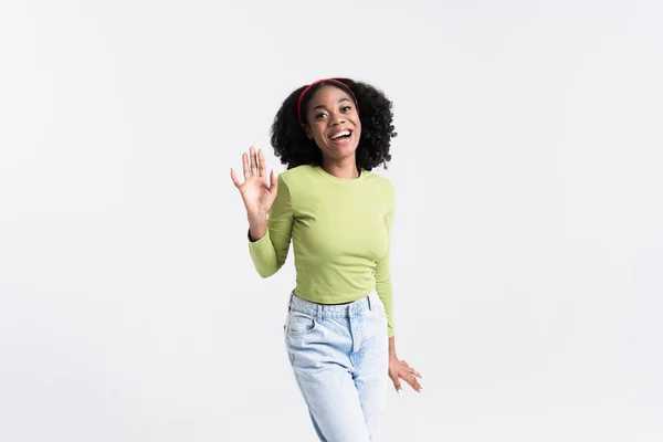 Young Black Woman Wearing Headband Smiling Gesturing Camera Isolated White — Stock Fotó