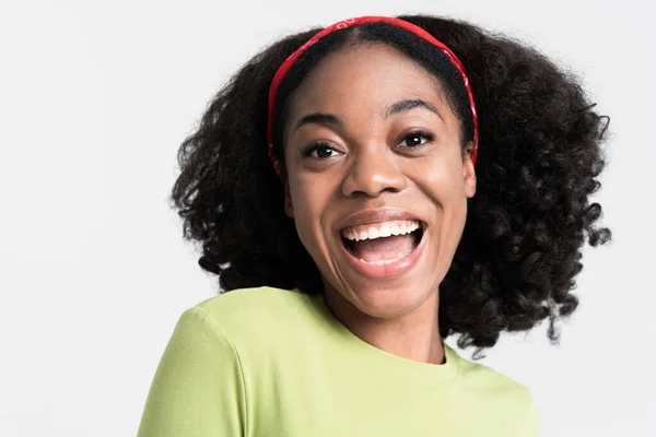 Young Black Woman Laughing Looking Camera Isolated White Background — Zdjęcie stockowe