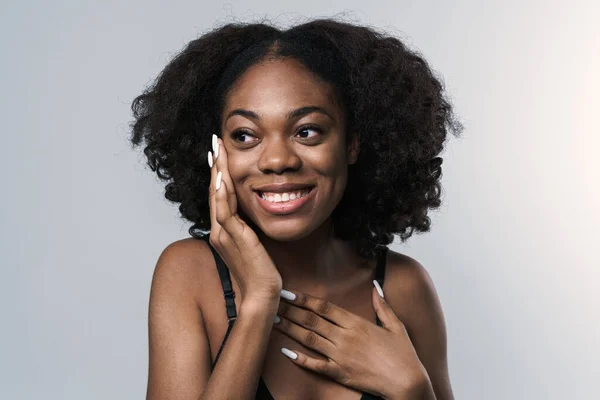 Young Black Woman Bra Smiling Touching Her Cheek Isolated White — Fotografia de Stock