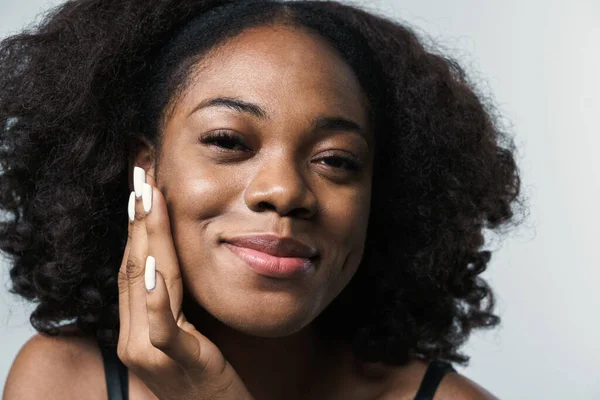 Young Black Woman Bra Smiling Touching Her Cheek Isolated White — Fotografia de Stock