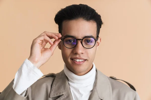 Young Middle Eastern Man Eyeglasses Smiling Looking Camera Isolated Beige — 스톡 사진