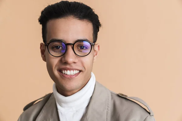 Young Middle Eastern Man Eyeglasses Smiling Looking Camera Isolated Beige — 图库照片