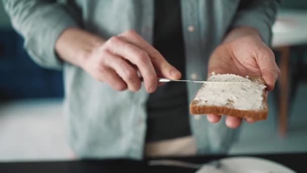 Male Hands Spreading Cottage Cheese Bread Kitchen Home — ストック動画