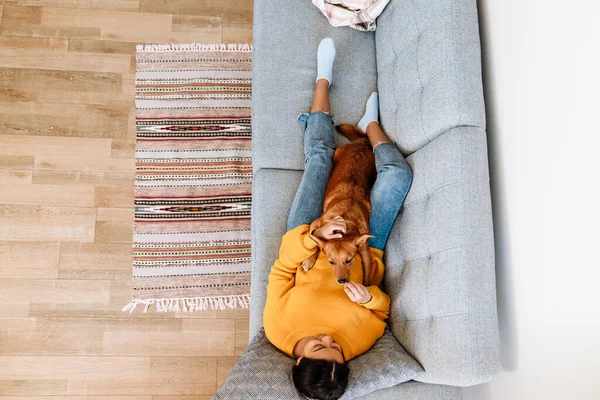 Young Hispanic Woman Smiling Petting Her Dog While Resting Couch — Φωτογραφία Αρχείου