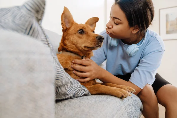 Young Hispanic Woman Petting Her Dog While Resting Couch Home — Stockfoto