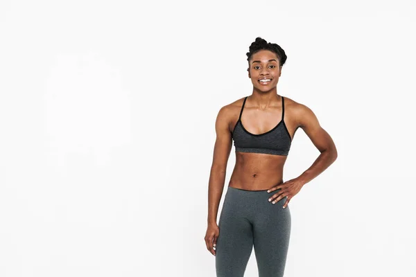 Young Black Sportswoman Smiling Looking Camera Isolated White Background — Fotografia de Stock