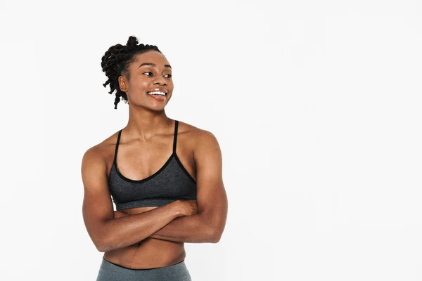 Young Black Sportswoman Smiling While Posing Arms Crossed Isolated White — Fotografia de Stock