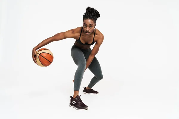 Young Black Sportswoman Working Out Basketball Isolated White Background — Foto de Stock