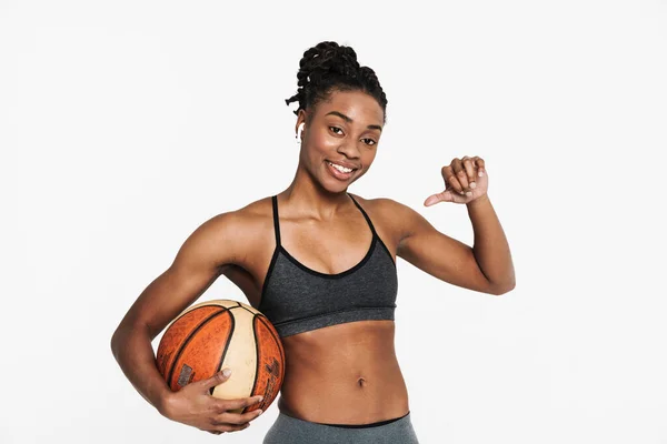 Black Sportswoman Basketball Pointing Fingers Herself Isolated White Background — Foto de Stock