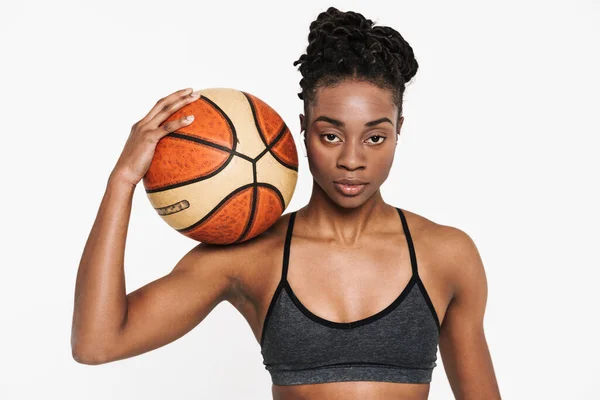 Black Young Sportswoman Earphones Posing Basketball Isolated White Background — Photo