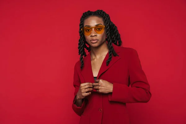 Black Young Woman Wearing Jacket Posing Looking Camera Isolated Red — Fotografia de Stock