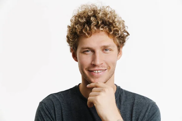 Young Blonde Man Curly Hair Smiling Looking Camera Isolated White — 스톡 사진