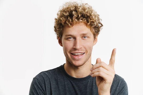 Young Blonde Man Smiling Pointing Finger Upward Isolated White Wall — Stock Photo, Image