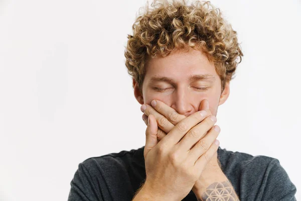Young Blonde Man Curly Hair Covering His Mouth Isolated White — Photo