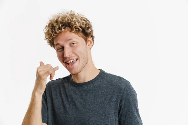 Young Blonde Man Curly Hair Smiling Making Call Gesture Isolated — 图库照片