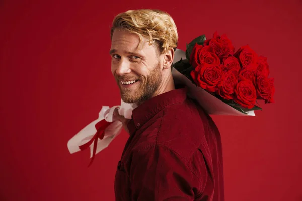 White Bearded Man Smiling While Posing Roses Isolated Red Wall —  Fotos de Stock