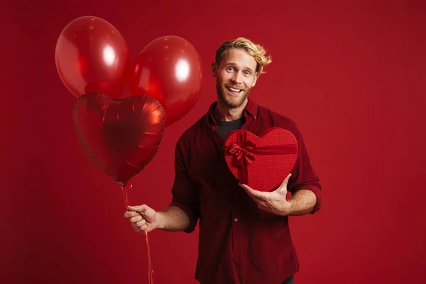 White Man Smiling While Posing Balloons Heart Gift Box Isolated — Stok fotoğraf