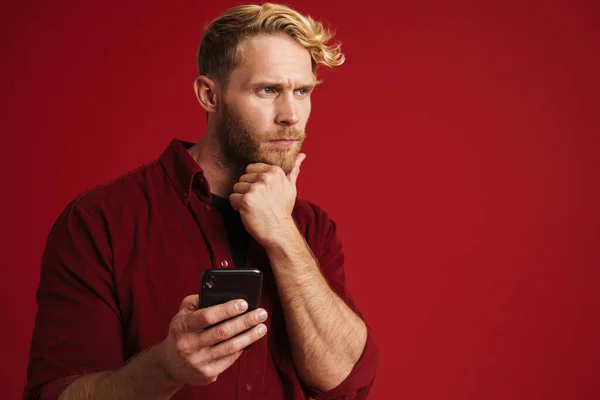 Бородатий Блондинка Кидається Використовує Мобільний Телефон Ізольовано Червоному Тлі — стокове фото