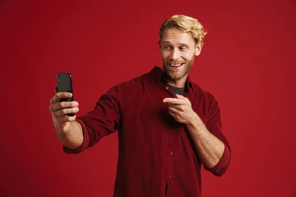 White Bearded Man Pointing Finger Away While Taking Selfie Cellphone — Stock fotografie