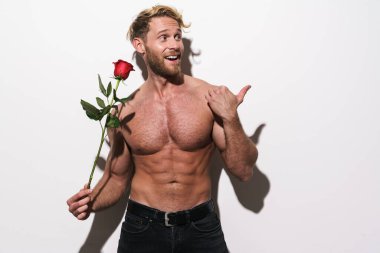 Gömleksiz sarışın adam beyaz arka planda kırmızı gülle poz verirken parmağını kenara çekiyor.