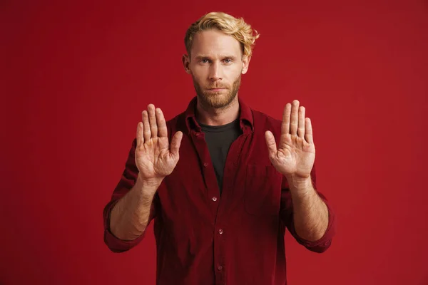 White Bearded Man Wearing Shirt Showing Stop Gesture Camera Isolated — Stock fotografie