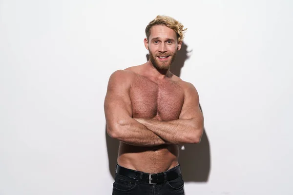 Shirtless Blonde Man Smiling Posing Arms Crossed Isolated White Background —  Fotos de Stock