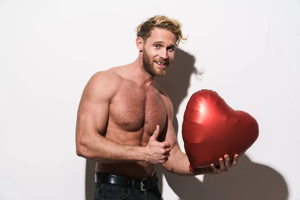 Shirtless Man Showing Thumb While Posing Inflatable Heart Isolated White —  Fotos de Stock