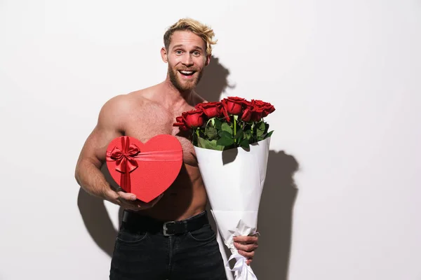 Shirtless Blonde Man Posing Roses Heart Gift Box Isolated White —  Fotos de Stock