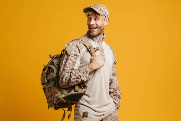 White Military Man Wearing Uniform Smiling While Posing Backpack Isolated — Foto de Stock