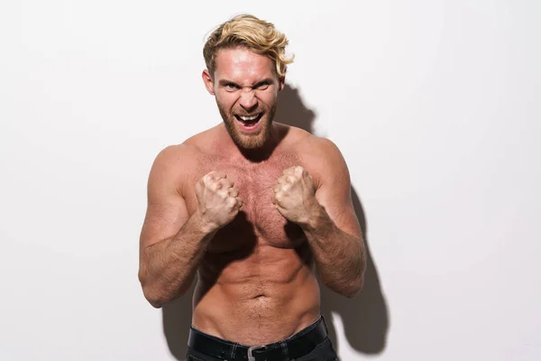 Shirtless Blonde Man Grimacing While Holding Clenched Fist Isolated White — Photo