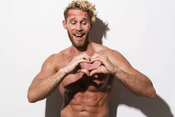 Shirtless Blonde Man Lipstick Smudge Showing Heart Gesture Isolated White —  Fotos de Stock
