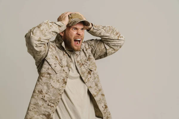 Furious Military Man Wearing Uniform Holding Head Screaming Isolated White — Fotografia de Stock