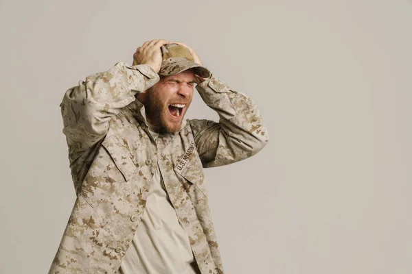 Furious Military Man Wearing Uniform Holding Head Screaming Isolated White — Fotografia de Stock