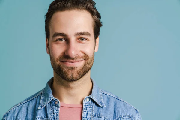 Young Bristle Man Wearing Shirt Smiling Looking Camera Isolated Blue — 스톡 사진