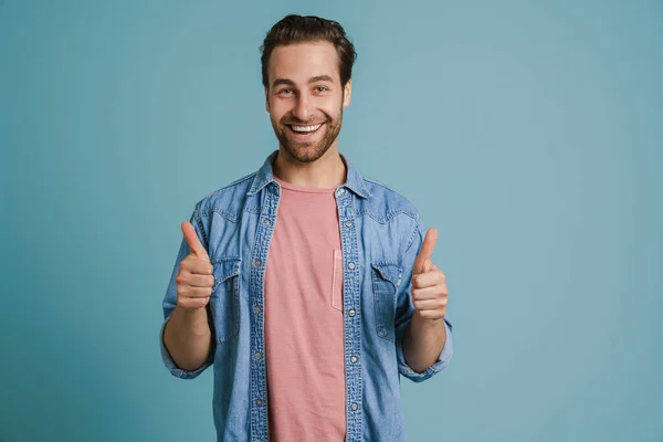 Young Bristle Man Wearing Shirt Smiling Showing Thumbs Isolated Blue — стоковое фото