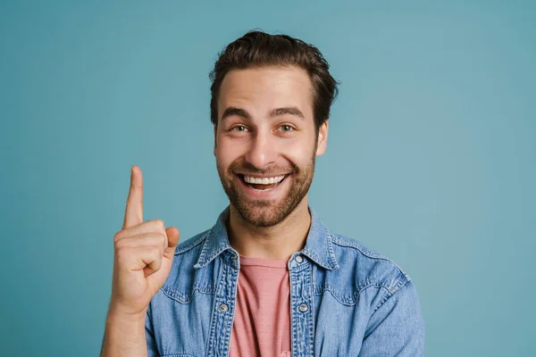 Young Bristle Man Wearing Shirt Smiling Pointing Finger Upward Isolated — Stockfoto