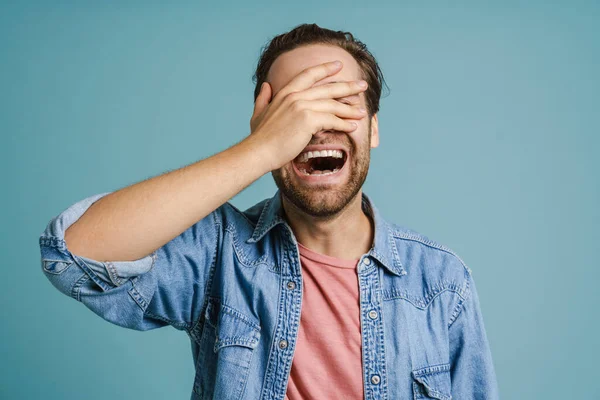 Young Bristle Man Wearing Shirt Laughing Covering His Eyes Isolated — Zdjęcie stockowe