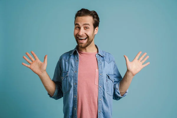 Young Excited Man Smiling While Showing His Palms Camera Isolated — Φωτογραφία Αρχείου