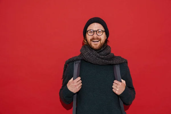 White Man Warm Clothes Eyeglasses Laughing Camera Isolated Red Background — Stock fotografie