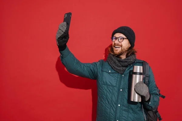 White Man Wearing Warm Clothes Taking Selfie Photo Cellphone Isolated — Fotografia de Stock