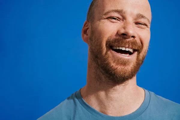 Ginger Man Beard Laughing Looking Camera Isolated Blue Background — 图库照片