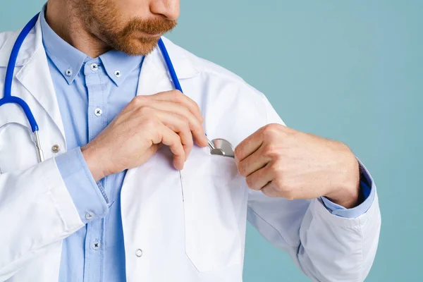 White Male Doctor Wearing Lab Coat Posing Stethoscope Isolated Blue — Stock fotografie